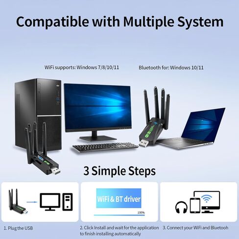USB WiFi 6 Adapter for PC, 2-in-1 Bluetooth 5.4 WiFi Adapter with 4 High-gain Antennas, AX900 Dual-Band 5G/2.4G, 900Mbps, Wireless Network Transceiver for Laptop/Desktop, Supports Windows 11/10 in Saudi Arabia