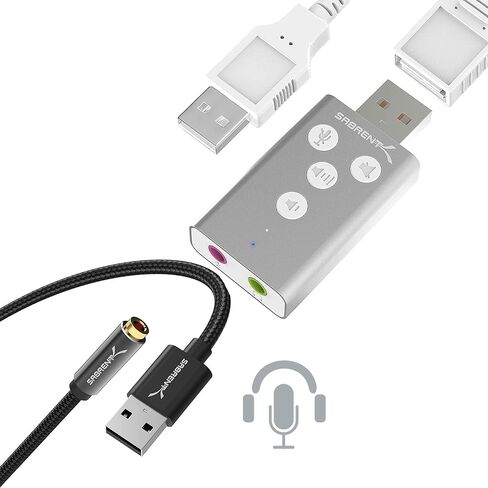 محول صوت ستيريو خارجي ثلاثي الأبعاد من الألومنيوم USB من SABRENT لنظام التشغيل Windows وMac مع كابل USB من النوع A إلى 3.5 مم مزدوج الوظائف ومقبس الصوت النشط 20 بوصة in Kuwait