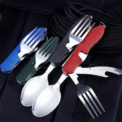 4 In 1 Foldable Camping Utensil Set - Outdoor Camping Multi-Functional Flatware Set, Picnic Travel Stainless Steel Utensils (Green) in Saudi Arabia