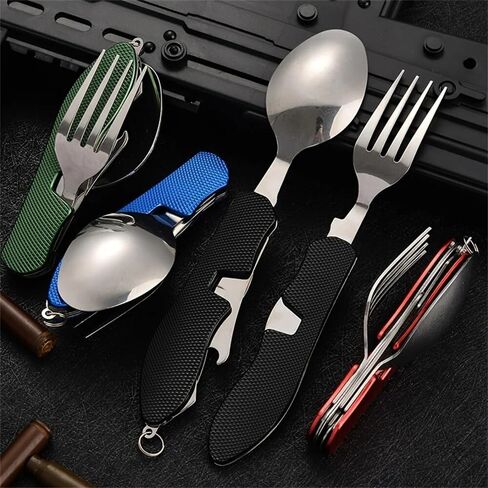 4 In 1 Foldable Camping Utensil Set - Outdoor Camping Multi-Functional Flatware Set, Picnic Travel Stainless Steel Utensils (Green) in Saudi Arabia