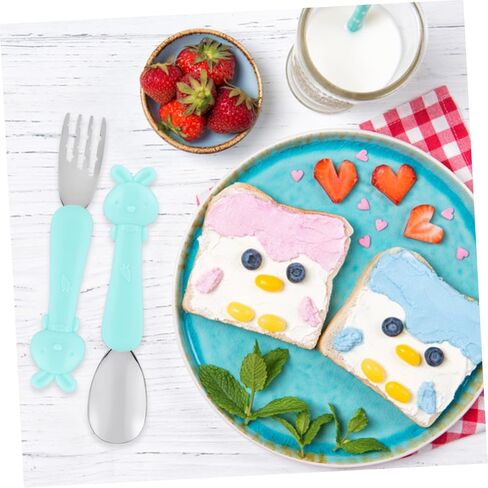1set Cartoon Short Handle Fork and Spoon Boy Girl Fork Spoon Boys and Girls Supplementary Food Tableware Non-slip Design Smooth Edges Comfortable to Hold in Saudi Arabia