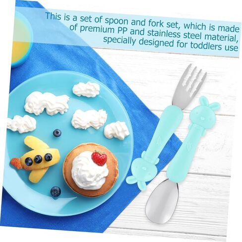 1set Cartoon Short Handle Fork and Spoon Boy Girl Fork Spoon Boys and Girls Supplementary Food Tableware Non-slip Design Smooth Edges Comfortable to Hold in Saudi Arabia
