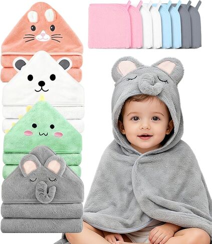 12 Pcs Baby Bath Towels Set for Boys Girls 4Pcs Hooded Baby Towels Robe & Washcloths Set Perfect Shower Gift Ultra Absorbent Cute Soft and Comfort, for Newborn, Infant and Toddler in Kuwait