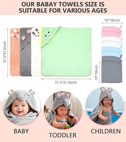 12 Pcs Baby Bath Towels Set for Boys Girls 4Pcs Hooded Baby Towels Robe & Washcloths Set Perfect Shower Gift Ultra Absorbent Cute Soft and Comfort, for Newborn, Infant and Toddler in Kuwait