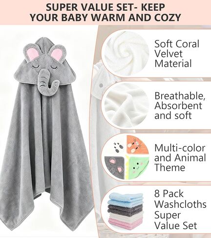 12 Pcs Baby Bath Towels Set for Boys Girls 4Pcs Hooded Baby Towels Robe & Washcloths Set Perfect Shower Gift Ultra Absorbent Cute Soft and Comfort, for Newborn, Infant and Toddler in Kuwait