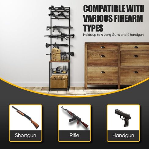 رفوف البندقية، رف البندقية الداخلي لحامل عرض البندقية على الحائط، رفوف البندقية الدائمة على الأرض تحمل 4 مسدسات هوائية و4 مسدسات، رف مسدس الصيد مع منظم تخزين لتخزين مسدس المرآب المنزلي، أسود in Kuwait