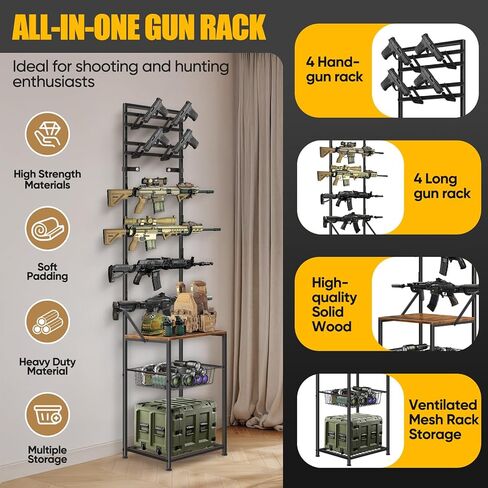 رفوف البندقية، رف البندقية الداخلي لحامل عرض البندقية على الحائط، رفوف البندقية الدائمة على الأرض تحمل 4 مسدسات هوائية و4 مسدسات، رف مسدس الصيد مع منظم تخزين لتخزين مسدس المرآب المنزلي، أسود in Kuwait