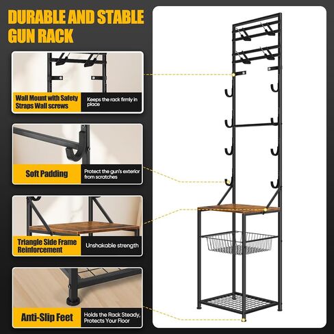 رفوف البندقية، رف البندقية الداخلي لحامل عرض البندقية على الحائط، رفوف البندقية الدائمة على الأرض تحمل 4 مسدسات هوائية و4 مسدسات، رف مسدس الصيد مع منظم تخزين لتخزين مسدس المرآب المنزلي، أسود in Kuwait