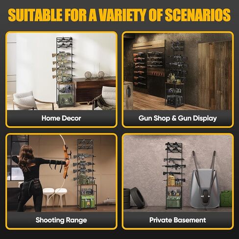 رفوف البندقية، رف البندقية الداخلي لحامل عرض البندقية على الحائط، رفوف البندقية الدائمة على الأرض تحمل 4 مسدسات هوائية و4 مسدسات، رف مسدس الصيد مع منظم تخزين لتخزين مسدس المرآب المنزلي، أسود in Kuwait