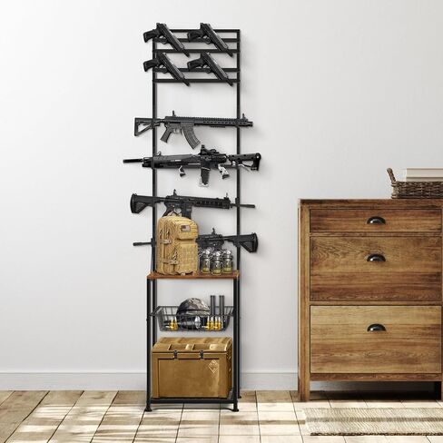 رفوف البندقية، رف البندقية الداخلي لحامل عرض البندقية على الحائط، رفوف البندقية الدائمة على الأرض تحمل 4 مسدسات هوائية و4 مسدسات، رف مسدس الصيد مع منظم تخزين لتخزين مسدس المرآب المنزلي، أسود in Kuwait