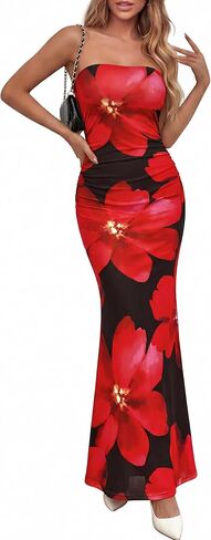 PRETTYGARDEN Womens Spring Dresses 2026 Sexy Strapless Tube Bodycon Mesh Ruched Floral Maxi Dress Wedding Club Outfits in Saudi Arabia