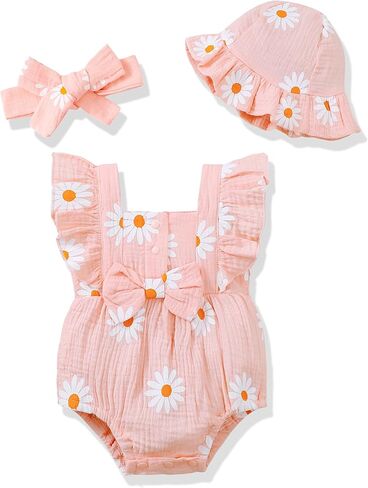 Renotemy Baby Girl Clothes Infant Summer Romper Cotton Linen Newborn Essentials Photography Preemie Outfits with Hat&Headband in Saudi Arabia