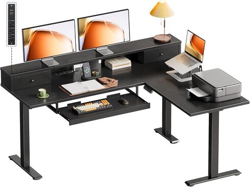 OffiGo مكتب كهربائي قائم على شكل حرف L مقاس 59 بوصة مع أدراج، مكتب كمبيوتر زاوية قابل للتعديل مع صينية لوحة المفاتيح وحامل شاشة، طاولة الوقوف لمحطة عمل المكتب المنزلي، أسود in Kuwait
