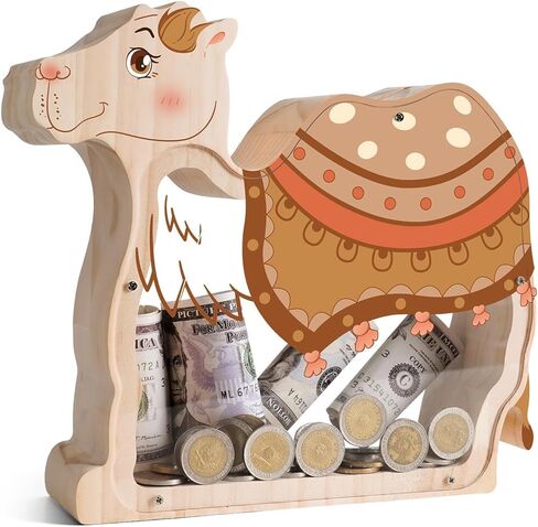 بنك خشبي على شكل حصان بني للأطفال، بنك عملات معدنية بني غير قابل للكسر للأطفال مع ملصق، جرة نقود خشبية قابلة للتخصيص كهدايا عيد الميلاد في عيد الميلاد، لعبة تعليمية للأولاد والبنات in Kuwait
