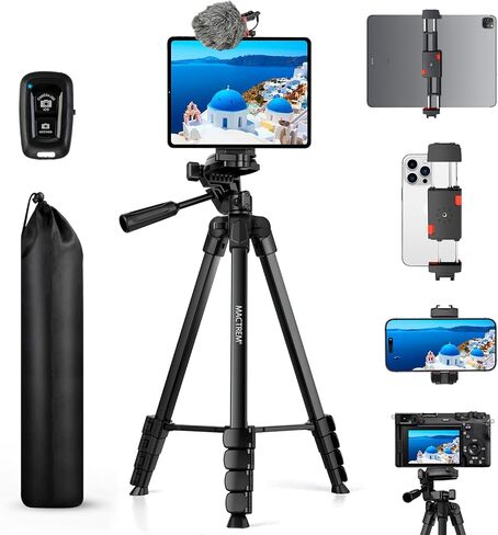 MACTREM 67" iPad Tripod Stand for Tablet Phone Camera with Remote Mount | 2-In-1 Holder Fits Ipad/Iphone Up To 12.9",Aluminum Extendable 17.7-67in,Remote 33ft, Video Recording/Vlogging,1/4" Screw in Kuwait