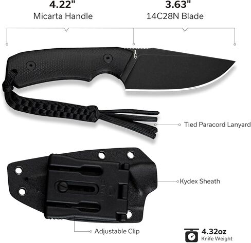 CIVIVI Gander Fixed Blade Knife with Kydex Sheath, 3.63" 14C28N Blade Full Tang Knife Micarta Handle, Designed By Matt Gentry for Hunting Camping EDC C24058B-2 (Black) in Saudi Arabia