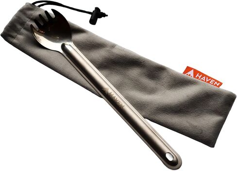 Haven LongSpork Titanium Spork بمقبض طويل 8.5 بوصة - أداة تخييم خفيفة الوزن لحقائب الظهر والوجبات المجففة بالتجميد - مجموعة شوكة ملعقة طويلة لأكياس الوجبات العميقة (14 جم) in Kuwait