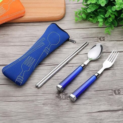 Blue Portable Tableware Bag Outdoor Travel Camping Cutlery Pouch Storage Bag Flatware Tableware Dinnerware Carrying Case for Knife Fork Spoon Tea Spoon Chopsticks Bottle Opener Straws Camp Kitchen in Saudi Arabia