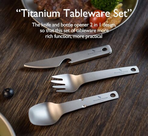 iBasingo Titanium Fork Spoon Knife Tableware Set 3 in 1 Storage Design Bottler Opener Protable Lightweight Cutlery for Outdoor Camping Kitchen US-Ti1077T in Saudi Arabia