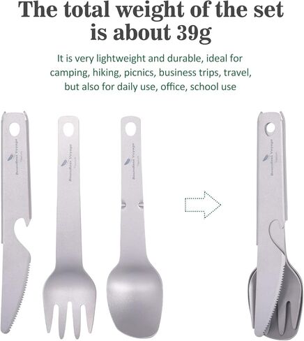 iBasingo Titanium Fork Spoon Knife Tableware Set 3 in 1 Storage Design Bottler Opener Protable Lightweight Cutlery for Outdoor Camping Kitchen US-Ti1077T in Saudi Arabia