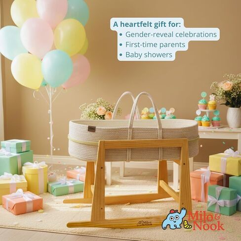 Milo & Nook Baby Moses Basket Stand – Solid Pine Wood Structure, Sturdy, Safe & Light Weight, Portable Rocking Bassinet for Baby, Newborn Sleeper, Baby Bassinet Bedside Sleeper. Basket Not Included. in Kuwait