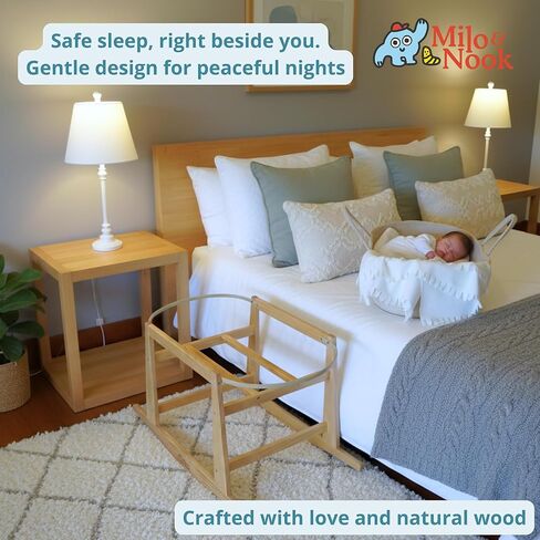 Milo & Nook Baby Moses Basket Stand – Solid Pine Wood Structure, Sturdy, Safe & Light Weight, Portable Rocking Bassinet for Baby, Newborn Sleeper, Baby Bassinet Bedside Sleeper. Basket Not Included. in Kuwait