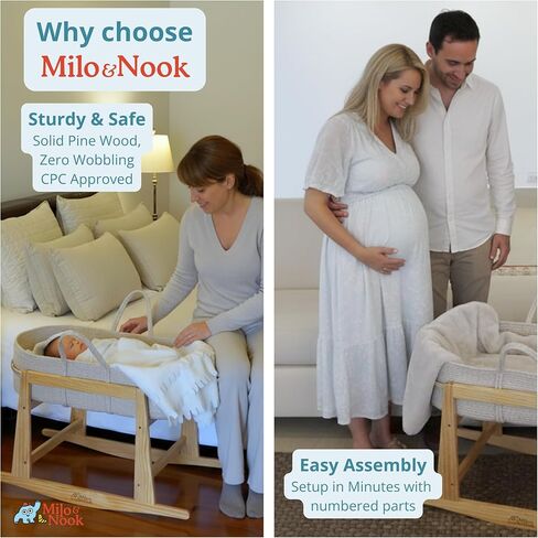 Milo & Nook Baby Moses Basket Stand – Solid Pine Wood Structure, Sturdy, Safe & Light Weight, Portable Rocking Bassinet for Baby, Newborn Sleeper, Baby Bassinet Bedside Sleeper. Basket Not Included. in Kuwait