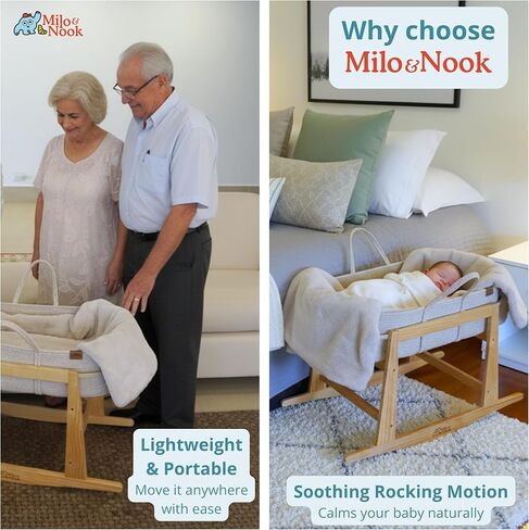 Milo & Nook Baby Moses Basket Stand – Solid Pine Wood Structure, Sturdy, Safe & Light Weight, Portable Rocking Bassinet for Baby, Newborn Sleeper, Baby Bassinet Bedside Sleeper. Basket Not Included. in Kuwait