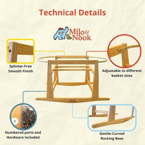 Milo & Nook Baby Moses Basket Stand – Solid Pine Wood Structure, Sturdy, Safe & Light Weight, Portable Rocking Bassinet for Baby, Newborn Sleeper, Baby Bassinet Bedside Sleeper. Basket Not Included. in Kuwait