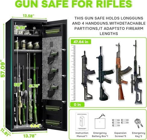 10-12 Gun Safe for Home Rifles and Pistols, Fully Assembled Rifle Safe & Gun Locker, Biometric Fingerprint & Digital Keypad Locking Security Cabinet, with Adjustable Storage Shelves & Rifle Rack in Saudi Arabia