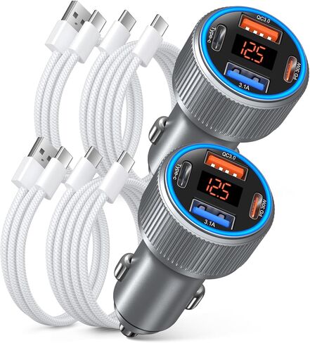 65W 4 Port Super Fast Type C Car Charger USB C for Samsung S25 S24 S23 Ultra A53 A16, iPhone 17 16 15 PD/QC 3.0 Fast Charging 12V Car Cigarette Lighter Adapter with Voltage Meter+4 Pack USB-C Cables in Saudi Arabia