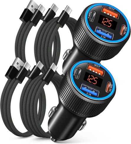65W 4 Port Super Fast Type C Car Charger USB C for Samsung S25 S24 S23 Ultra A53 A16, iPhone 17 16 15 PD/QC 3.0 Fast Charging 12V Car Cigarette Lighter Adapter with Voltage Meter+4 Pack USB-C Cables in Saudi Arabia