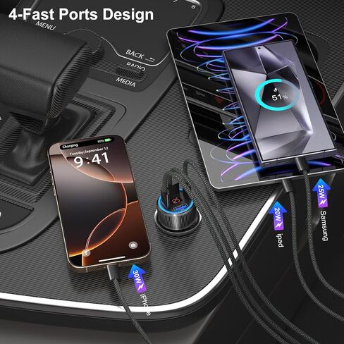 65W 4 Port Super Fast Type C Car Charger USB C for Samsung S25 S24 S23 Ultra A53 A16, iPhone 17 16 15 PD/QC 3.0 Fast Charging 12V Car Cigarette Lighter Adapter with Voltage Meter+4 Pack USB-C Cables in Saudi Arabia