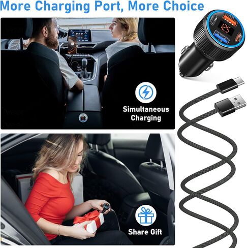 65W 4 Port Super Fast Type C Car Charger USB C for Samsung S25 S24 S23 Ultra A53 A16, iPhone 17 16 15 PD/QC 3.0 Fast Charging 12V Car Cigarette Lighter Adapter with Voltage Meter+4 Pack USB-C Cables in Saudi Arabia