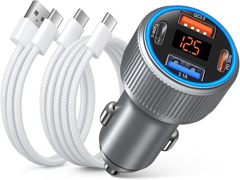 65W 4 Port Super Fast Type C Car Charger USB C for Samsung S25 S24 S23 Ultra A53 A16, iPhone 17 16 15 PD/QC 3.0 Fast Charging 12V Car Cigarette Lighter Adapter with Voltage Meter+4 Pack USB-C Cables in Saudi Arabia