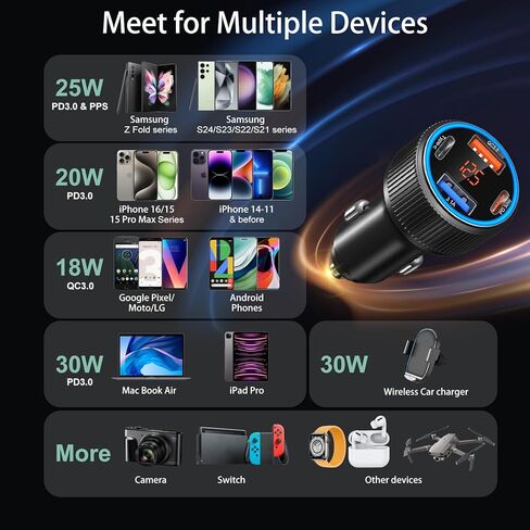 65W 4 Port Super Fast Type C Car Charger USB C for Samsung S25 S24 S23 Ultra A53 A16, iPhone 17 16 15 PD/QC 3.0 Fast Charging 12V Car Cigarette Lighter Adapter with Voltage Meter+4 Pack USB-C Cables in Saudi Arabia