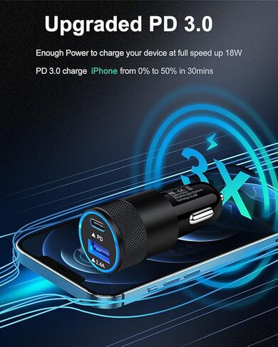 AILKIN 30W PD USB C Car Charger, USB Type C Fast Power Charging Block Dual Port USBA & USBC Plug Cargador Carro Lighter Adapter for iPhone, iPad, Samsung Galaxy, LG, Google Pixel, Moto, USB-C Port in Saudi Arabia