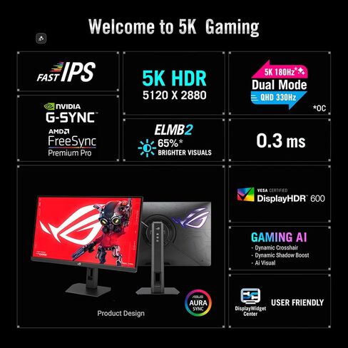 شاشة الألعاب ASUS ROG Strix مقاس 27 بوصة بدقة 5K HDR (XG27JCG) - 5120 × 2880، 180 هرتز، 0.3 مللي ثانية، IPS سريع، وضع مزدوج (180 هرتز أو QHD 330 هرتز)، مزامنة ضبابية الحركة المنخفضة للغاية، متوافقة مع G-SYNC، DisplayWidget، ضمان لمدة 3 سنوات in Kuwait