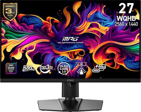msi MPG 271QR QD-OLED X50 شاشة ألعاب 27 بوصة 2560 × 1440 (QHD)، 500 هرتز، AMD Adaptive-Sync، HDR جاهز، HDMI، منفذ VGA، قابل للتركيب، إمالة، إطار نحيف من 4 جوانب، 0.03 مللي ثانية، أسود in Kuwait