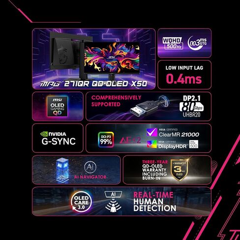 msi MPG 271QR QD-OLED X50 شاشة ألعاب 27 بوصة 2560 × 1440 (QHD)، 500 هرتز، AMD Adaptive-Sync، HDR جاهز، HDMI، منفذ VGA، قابل للتركيب، إمالة، إطار نحيف من 4 جوانب، 0.03 مللي ثانية، أسود in Kuwait