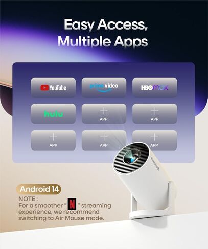 جهاز عرض صغير Android 14 مع دعم 4K، جهاز عرض ذكي مع Wifi 6 وBluetooth5.4، 200 ANSI، تركيز تلقائي وحجر مفاتيح عمودي تلقائي، جهاز عرض أفلام محمول للمنزل الخارجي، Alwtniet HY300pro in Kuwait