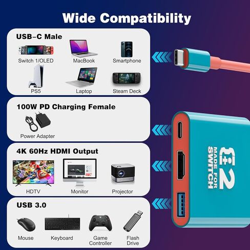 محطة إرساء تلفزيون Tendak Switch، قاعدة توصيل تلفزيون محمولة للتبديل 1/OLED/Steam Deck/ROG Ally، قاعدة تبديل مع منفذ USB 3.0، تدعم إخراج 4K/60HZ وشحن PD، لا تدعم المفتاح 2 in Kuwait