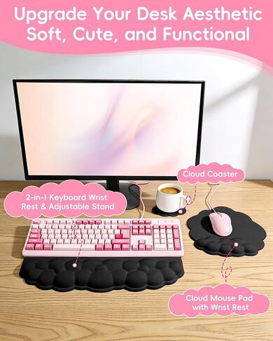 Cloud Wrist Rest Set for Keyboard and Mouse, Memory Foam Wrist Pad with Silky Lycra Surface, 2-in-1 Keyboard Wrist Rest & Adjustable Stand, Two Typing Angles, Cute Cloud Desk Accessories (Black) in Saudi Arabia