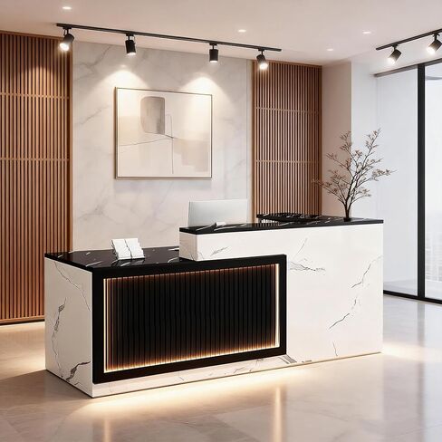 Modern Reception Desk with LED Lights L Shaped Office Front Desk Counter Black and White Reception Table Retail Checkout Counter for Shop Salon Lobby Right Corner 180cm/71inch in Saudi Arabia