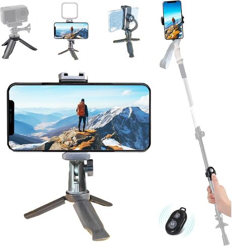 Phone Stand Tripod, 3-in-1 Adjustable Holder with Wireless Remote for iPhone Samsung, Selfie Stick & Trekking Pole Mount, for Desk Vlog Hiking (Trekking Pole Not Included,Mini) in Saudi Arabia