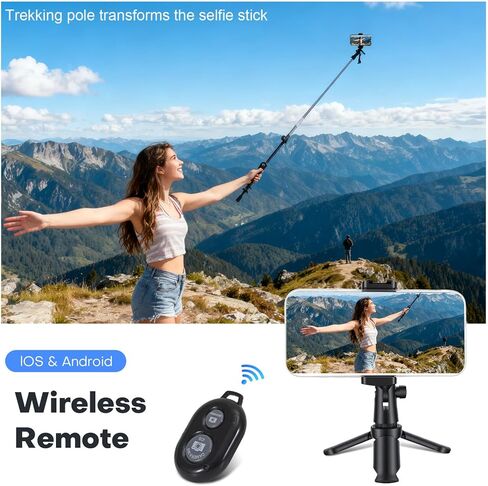 Phone Stand Tripod, 3-in-1 Adjustable Holder with Wireless Remote for iPhone Samsung, Selfie Stick & Trekking Pole Mount, for Desk Vlog Hiking (Trekking Pole Not Included,Mini) in Saudi Arabia