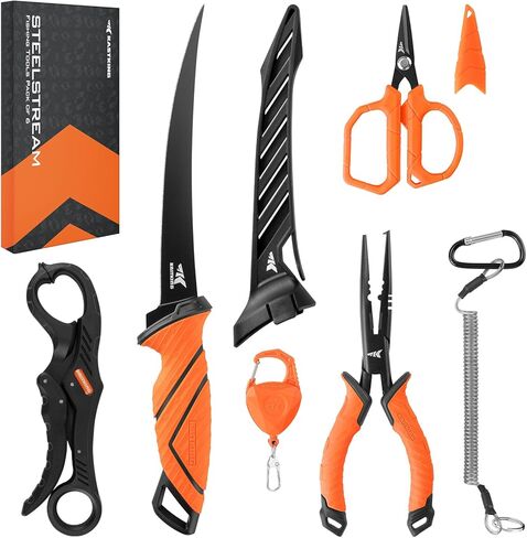 KastKing SteelStream 6pc Fishing Tool Kit - Corrosion Resistant Fishing Pliers with Lanyard, Fillet Knife, Floating Fish Lip Gripper, Fishing Braid Scissors, Tool Retractor, Fishing Gifts for Men in Saudi Arabia