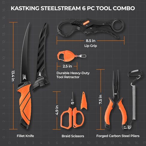 KastKing SteelStream 6pc Fishing Tool Kit - Corrosion Resistant Fishing Pliers with Lanyard, Fillet Knife, Floating Fish Lip Gripper, Fishing Braid Scissors, Tool Retractor, Fishing Gifts for Men in Saudi Arabia
