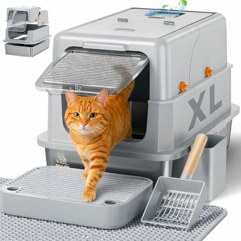 Stainless Steel Litter Box with Lid - XL Enclosed Litter Box for Cats with Collecting Mat - 4 Way Setup Fully Closed, Semi Low, High & Open Kitty Boxes, Leak Proof Metal LitterBox (Black) in Saudi Arabia