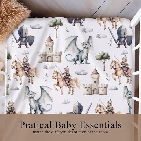 Cute Dragon Castle Knight Horse Fitted Crib Sheet for Baby Girls Boys 52x28x9 in Fairytale Dragons Trees Leaves Cloud Baby Sheet for Standard Crib and Toddler Mattress Toddler Bed Sheet in Saudi Arabia